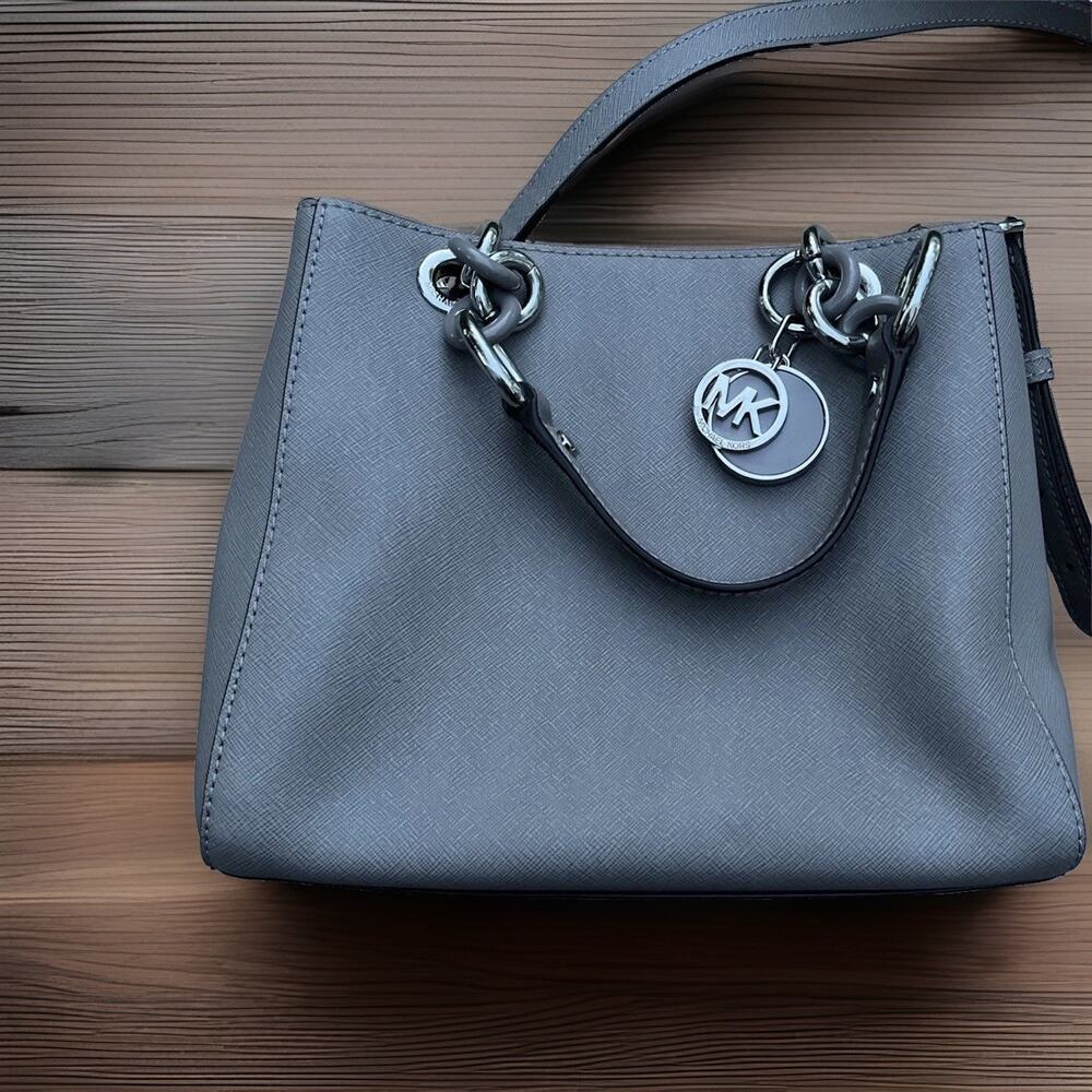 Michael Kors Pearl Grey/Slate Saffiano Leather With Bag Charm Cynthia Handbag